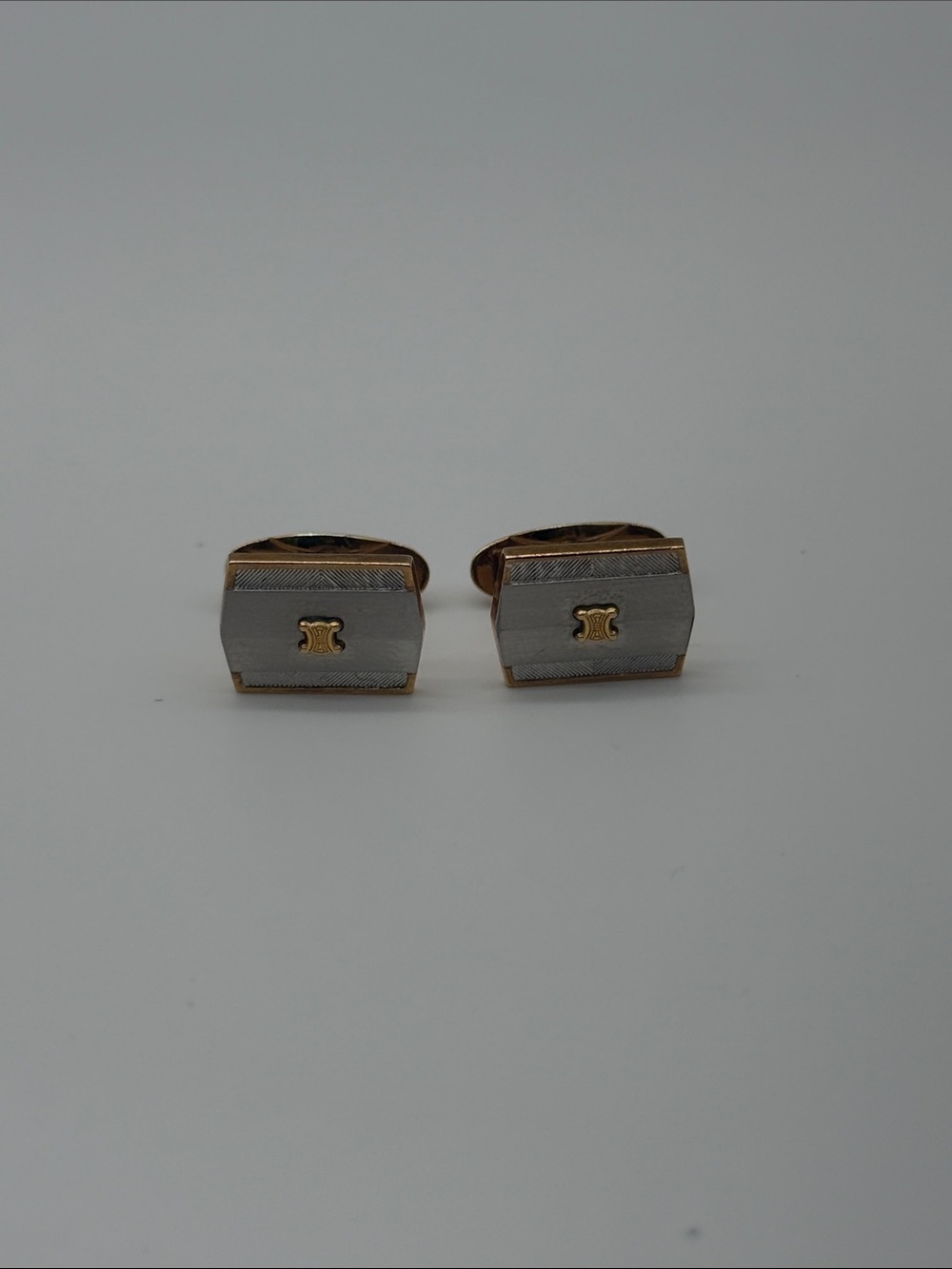 Vintage Celine Triomphe Cufflinks Two Tone Gold Silver Logo Designer